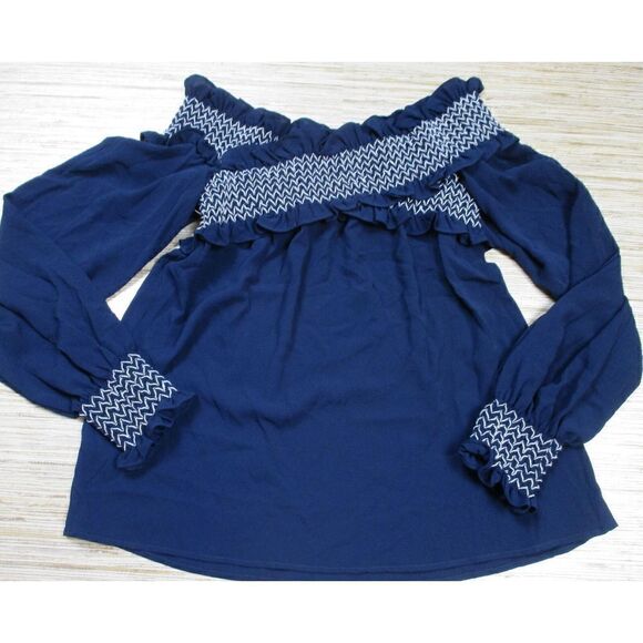 A25 VInce Camuto smocked cross front shoulder blouse HIGH TIDE BLUE sz XS nwot - Picture 1 of 1